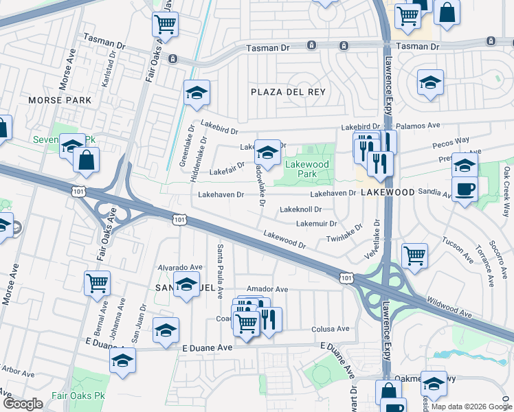 map of restaurants, bars, coffee shops, grocery stores, and more near 281 Meadowlake Drive in Sunnyvale