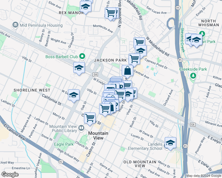 map of restaurants, bars, coffee shops, grocery stores, and more near 132 Wild Cherry Lane in Mountain View