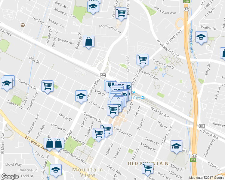 map of restaurants, bars, coffee shops, grocery stores, and more near 954 Villa Street in Mountain View