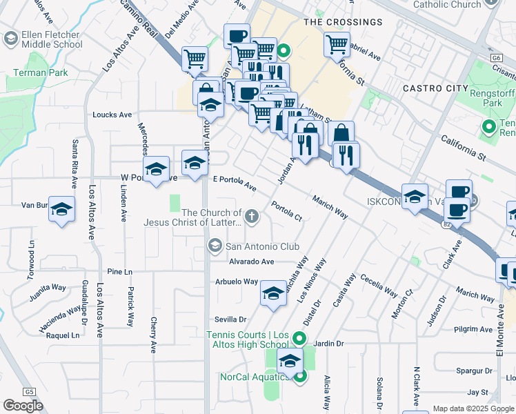 map of restaurants, bars, coffee shops, grocery stores, and more near 200 Delphi Circle in Los Altos