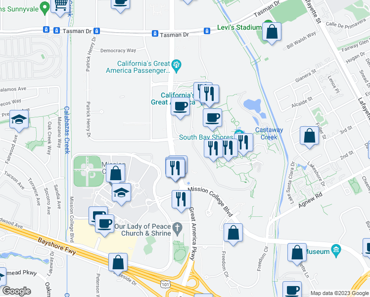 map of restaurants, bars, coffee shops, grocery stores, and more near 4551 Great America Parkway in Santa Clara