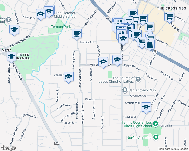 map of restaurants, bars, coffee shops, grocery stores, and more near 730 Linden Avenue in Los Altos