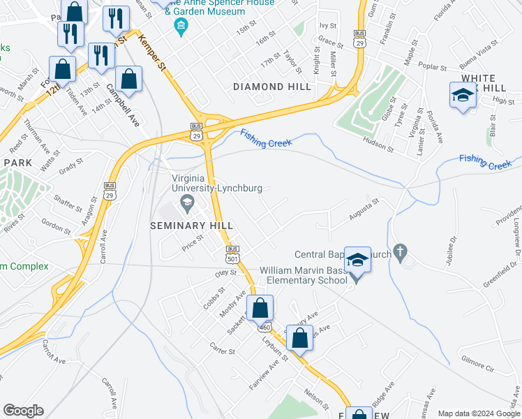 map of restaurants, bars, coffee shops, grocery stores, and more near 2347 Kemper Street in Lynchburg