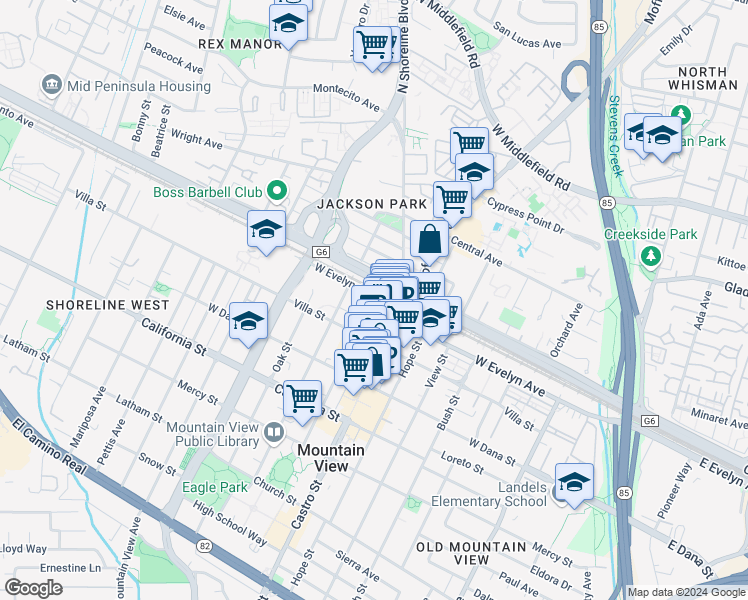 map of restaurants, bars, coffee shops, grocery stores, and more near 132 Wild Cherry Lane in Mountain View