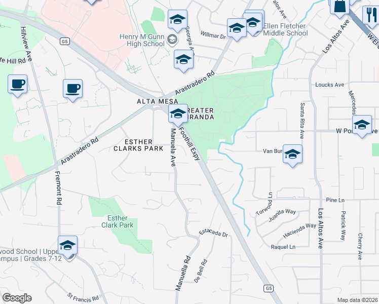 map of restaurants, bars, coffee shops, grocery stores, and more near 822 Mesa Court in Palo Alto