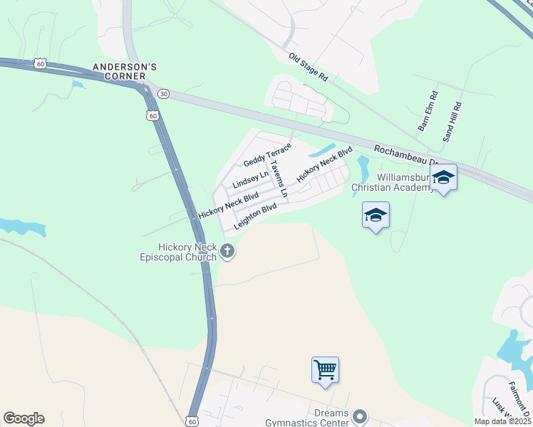 map of restaurants, bars, coffee shops, grocery stores, and more near 3240 Leighton Boulevard in Toano