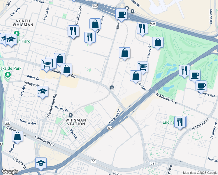 map of restaurants, bars, coffee shops, grocery stores, and more near 554566 East Middlefield Road in Mountain View