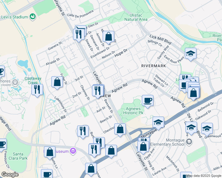 map of restaurants, bars, coffee shops, grocery stores, and more near 1883 Agnew Road in Santa Clara