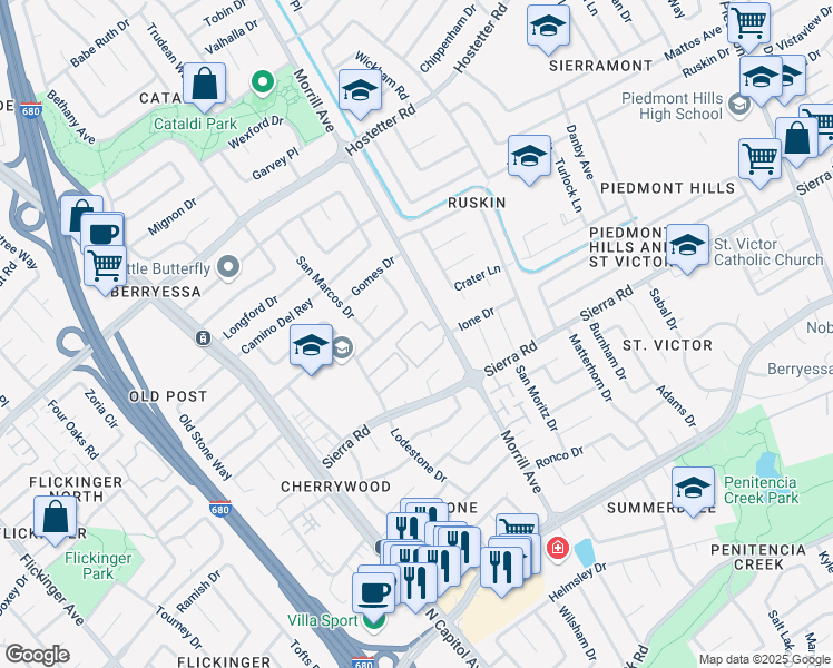 map of restaurants, bars, coffee shops, grocery stores, and more near 2716 Somerset Park Circle in San Jose