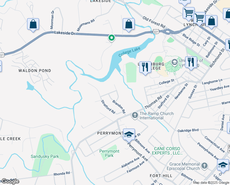 map of restaurants, bars, coffee shops, grocery stores, and more near 1213 Shirley Road in Lynchburg