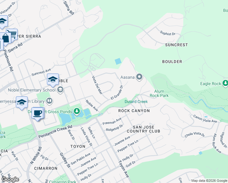 map of restaurants, bars, coffee shops, grocery stores, and more near 3591 El Grande Drive in San Jose
