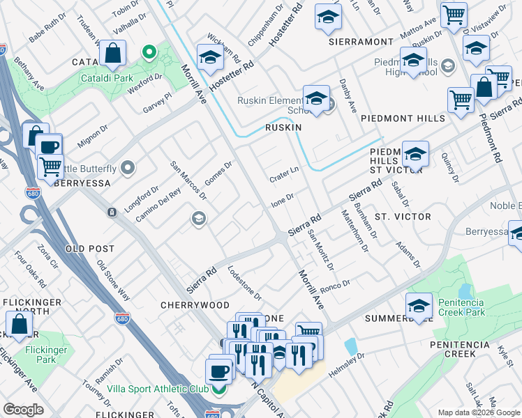 map of restaurants, bars, coffee shops, grocery stores, and more near 1336 Morrill Avenue in San Jose