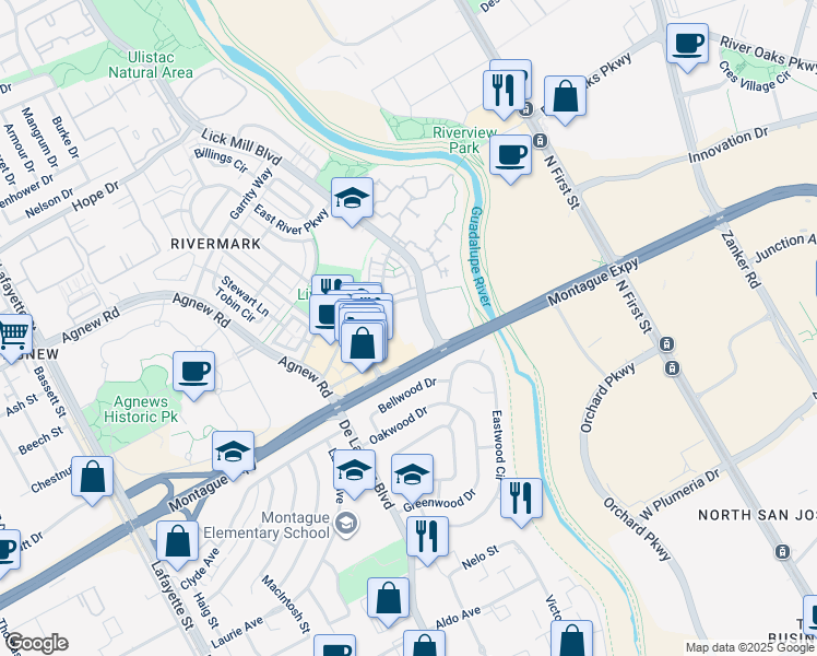 map of restaurants, bars, coffee shops, grocery stores, and more near 550 Lick Mill Boulevard in Santa Clara