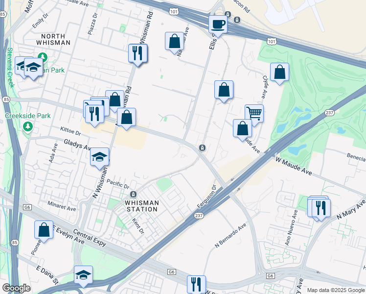 map of restaurants, bars, coffee shops, grocery stores, and more near 501 East Middlefield Road in Mountain View