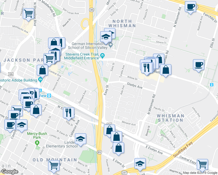 map of restaurants, bars, coffee shops, grocery stores, and more near 139 Brenton Court in Mountain View