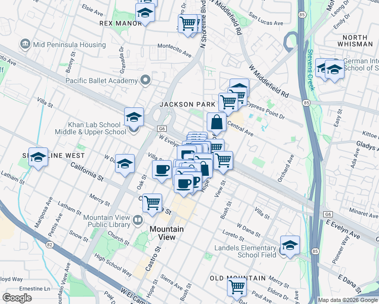 map of restaurants, bars, coffee shops, grocery stores, and more near 132 Wild Cherry Lane in Mountain View
