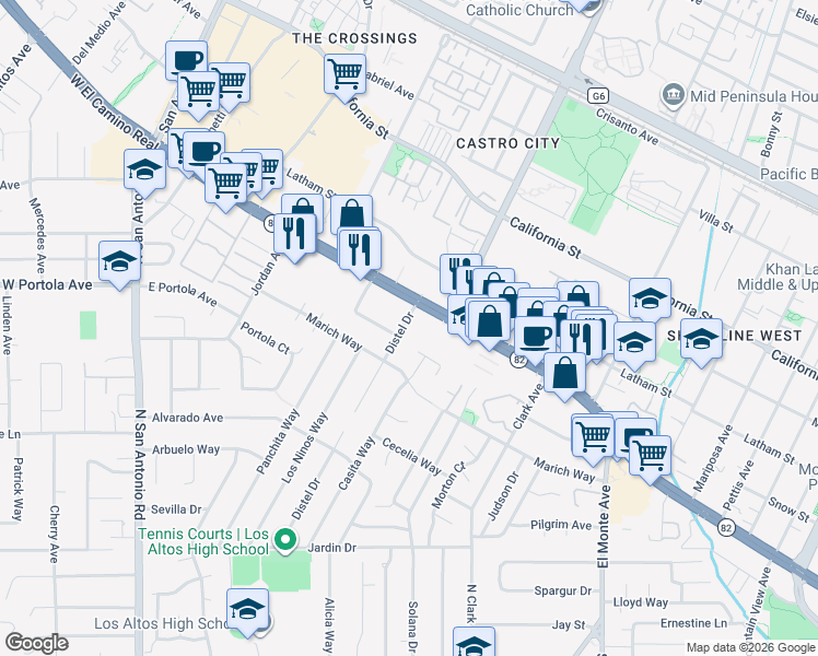 map of restaurants, bars, coffee shops, grocery stores, and more near 743 Casita Way in Los Altos