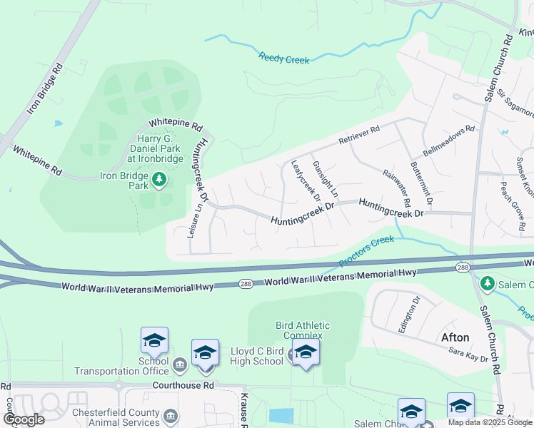 map of restaurants, bars, coffee shops, grocery stores, and more near 6107 Huntingcreek Drive in Richmond