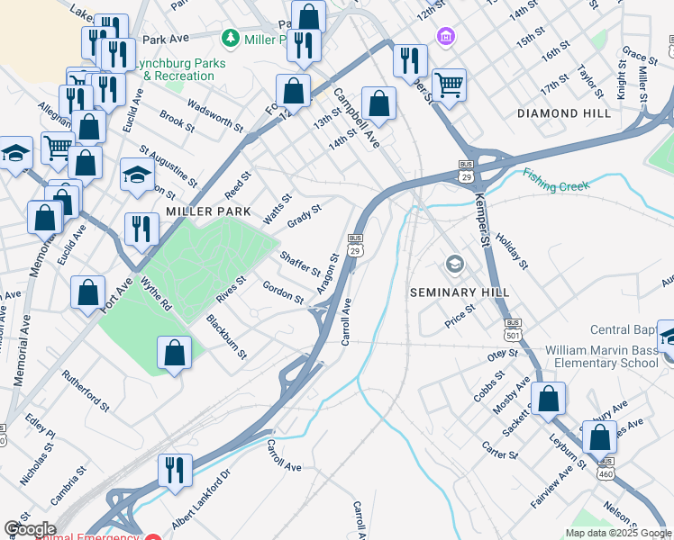 map of restaurants, bars, coffee shops, grocery stores, and more near 1808 Shaffer Street in Lynchburg
