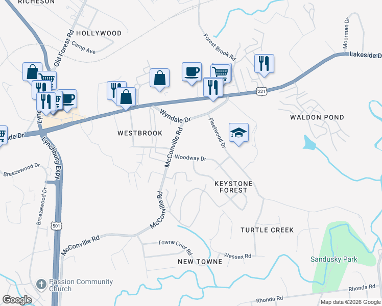 map of restaurants, bars, coffee shops, grocery stores, and more near 105 Woodway Drive in Lynchburg