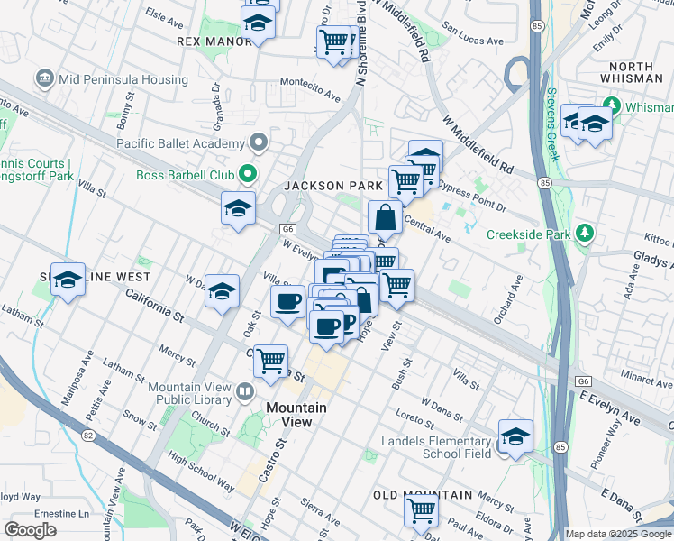 map of restaurants, bars, coffee shops, grocery stores, and more near 899 West Evelyn Avenue in Mountain View