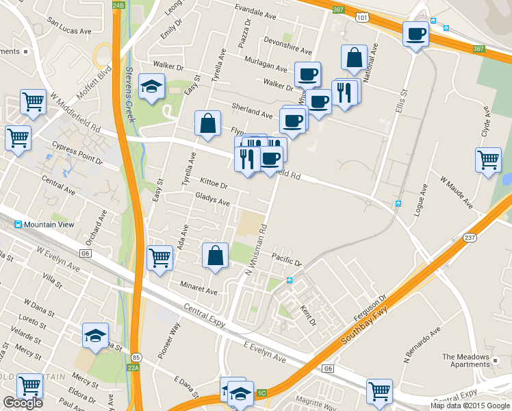 map of restaurants, bars, coffee shops, grocery stores, and more near 310 Gladys Ct in Mountain View
