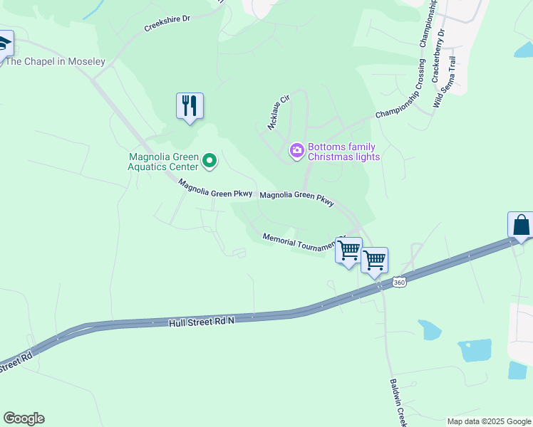 map of restaurants, bars, coffee shops, grocery stores, and more near 17631 Wynstone Park Lane in Moseley