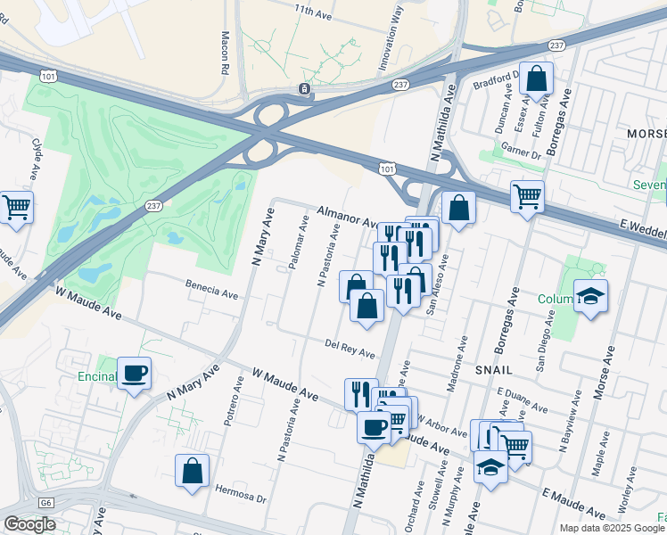 map of restaurants, bars, coffee shops, grocery stores, and more near 716 N Pastoria Ave in Sunnyvale