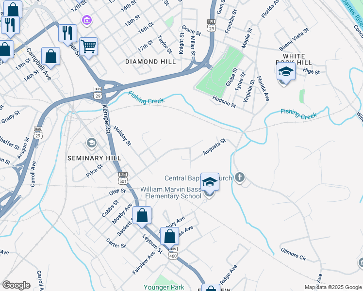 map of restaurants, bars, coffee shops, grocery stores, and more near 1721 Otey Street in Lynchburg