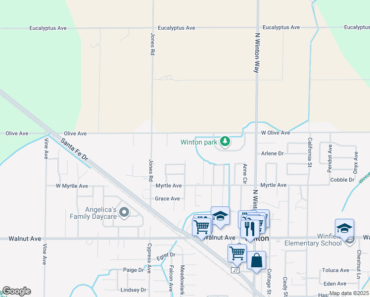 map of restaurants, bars, coffee shops, grocery stores, and more near 7315 Olive Avenue in Winton