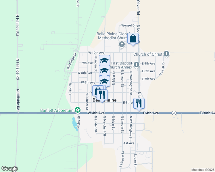 map of restaurants, bars, coffee shops, grocery stores, and more near 614 North Merchant Street in Belle Plaine