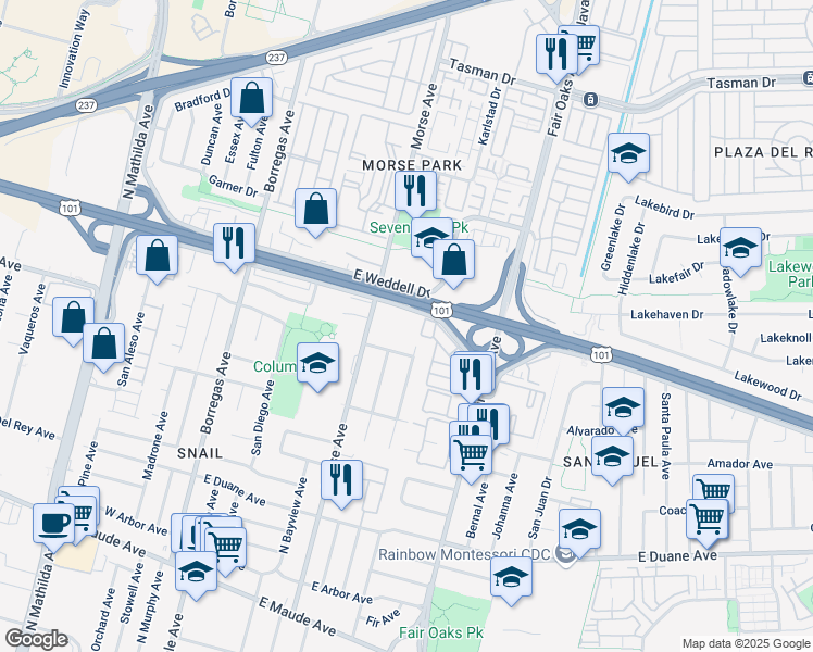 map of restaurants, bars, coffee shops, grocery stores, and more near 810 Carolina Avenue in Sunnyvale