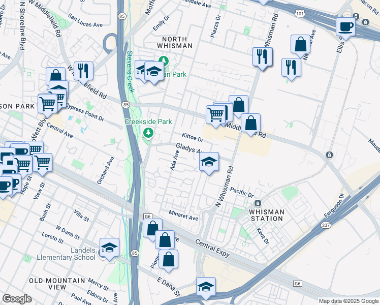 map of restaurants, bars, coffee shops, grocery stores, and more near 217 Ada Avenue in Mountain View