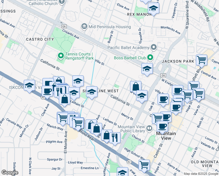 map of restaurants, bars, coffee shops, grocery stores, and more near 398 Mariposa Avenue in Mountain View