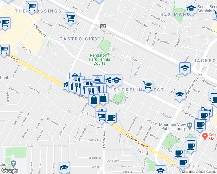 map of restaurants, bars, coffee shops, grocery stores, and more near 574 Escuela Avenue in Mountain View