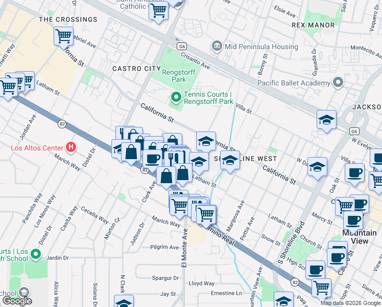 map of restaurants, bars, coffee shops, grocery stores, and more near 574 Escuela Avenue in Mountain View