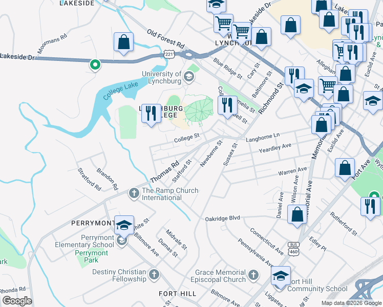 map of restaurants, bars, coffee shops, grocery stores, and more near 413 Stafford Street in Lynchburg