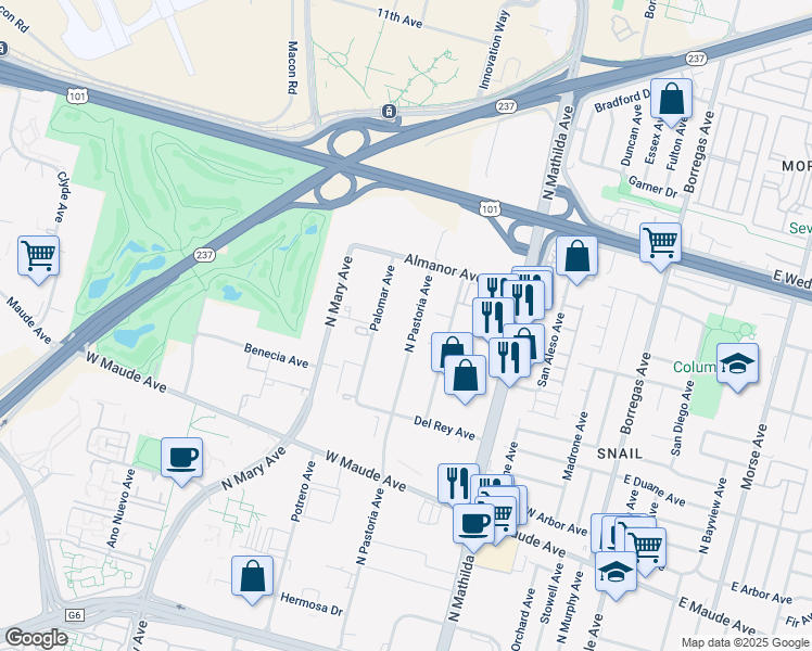 map of restaurants, bars, coffee shops, grocery stores, and more near 716 N Pastoria Ave in Sunnyvale