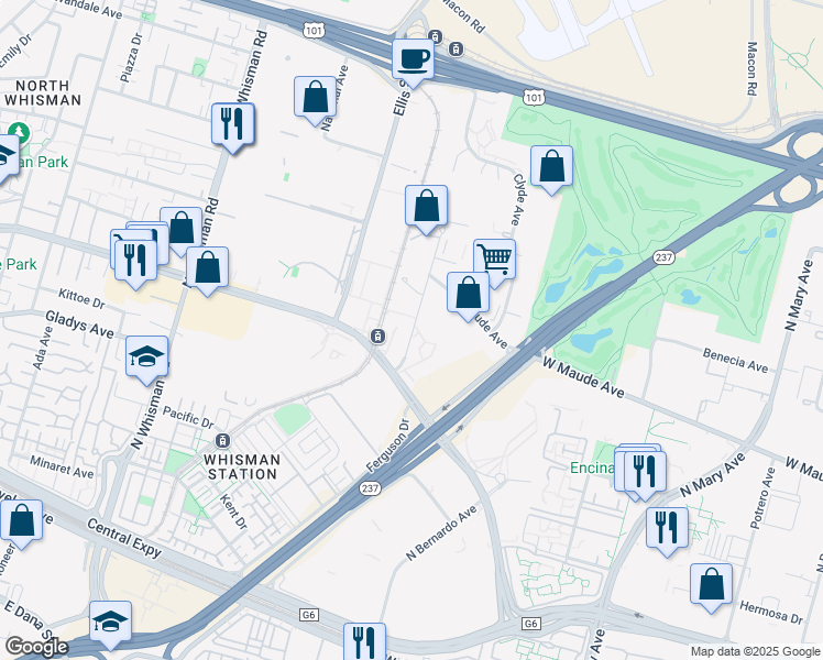 map of restaurants, bars, coffee shops, grocery stores, and more near 311 Logue Avenue in Mountain View
