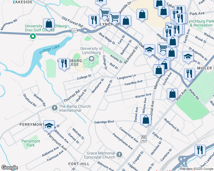 map of restaurants, bars, coffee shops, grocery stores, and more near 314 Sussex Street in Lynchburg