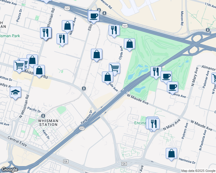 map of restaurants, bars, coffee shops, grocery stores, and more near 875 West Maude Avenue in Mountain View