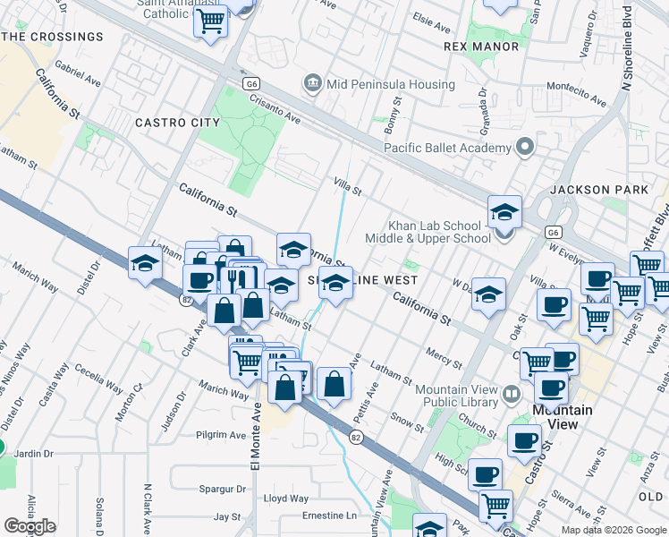 map of restaurants, bars, coffee shops, grocery stores, and more near 1721 California Street in Mountain View