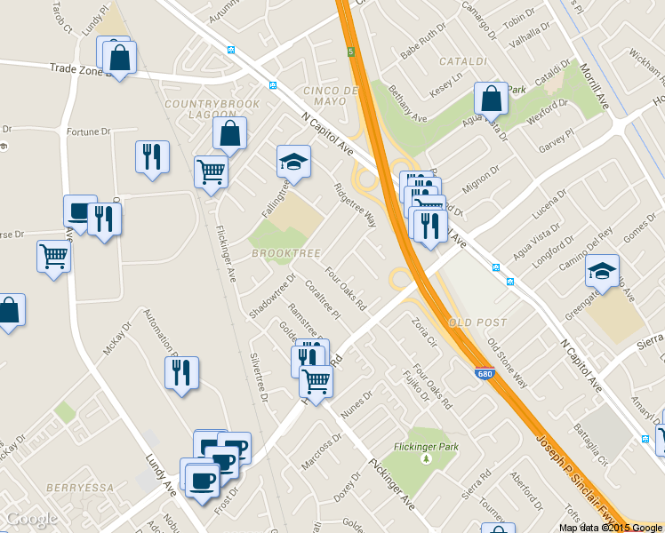 map of restaurants, bars, coffee shops, grocery stores, and more near 1673 4 Oaks Road in San Jose