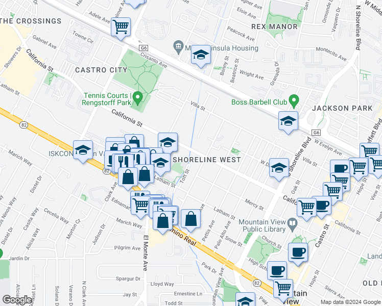 map of restaurants, bars, coffee shops, grocery stores, and more near 1797 California Street in Mountain View
