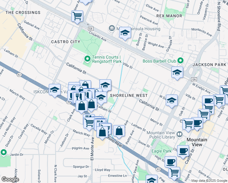 map of restaurants, bars, coffee shops, grocery stores, and more near 1797 California Street in Mountain View