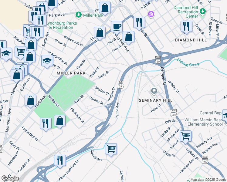 map of restaurants, bars, coffee shops, grocery stores, and more near 1741 Shaffer Street in Lynchburg