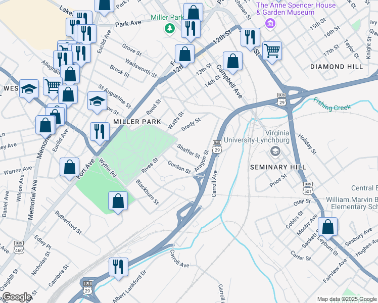 map of restaurants, bars, coffee shops, grocery stores, and more near 1621 Callaham Street in Lynchburg