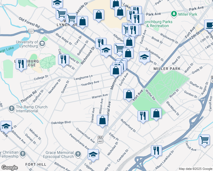 map of restaurants, bars, coffee shops, grocery stores, and more near 115 Westover Boulevard in Lynchburg