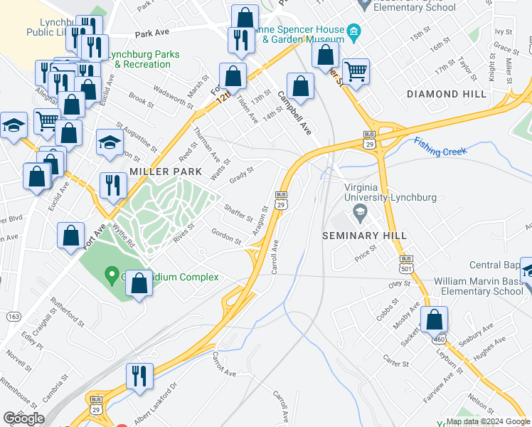 map of restaurants, bars, coffee shops, grocery stores, and more near 2380 Aragon Street in Lynchburg