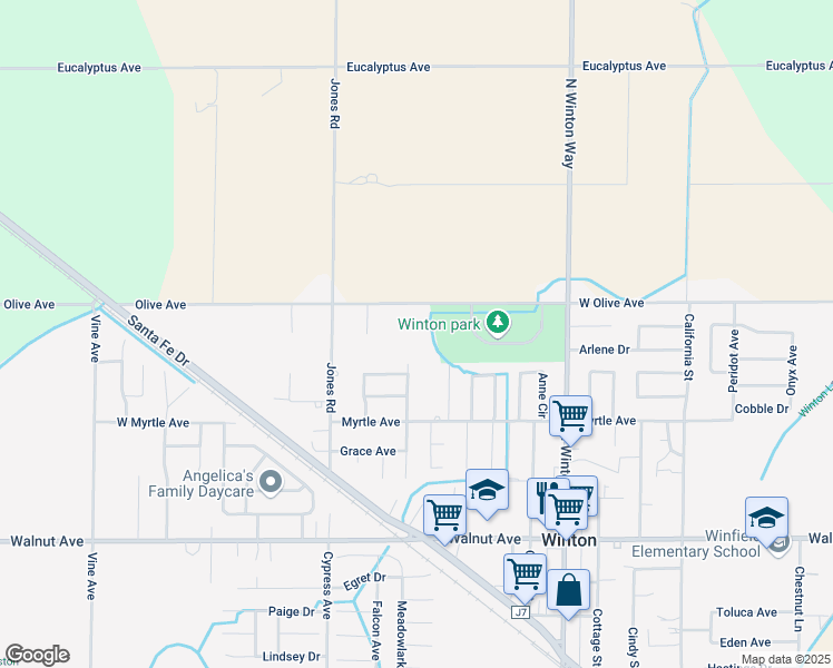 map of restaurants, bars, coffee shops, grocery stores, and more near 7315 Olive Avenue in Winton
